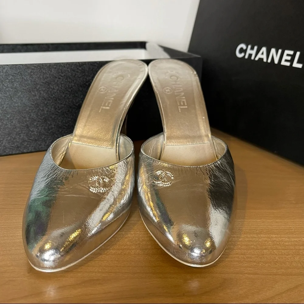 Chanel silver mules